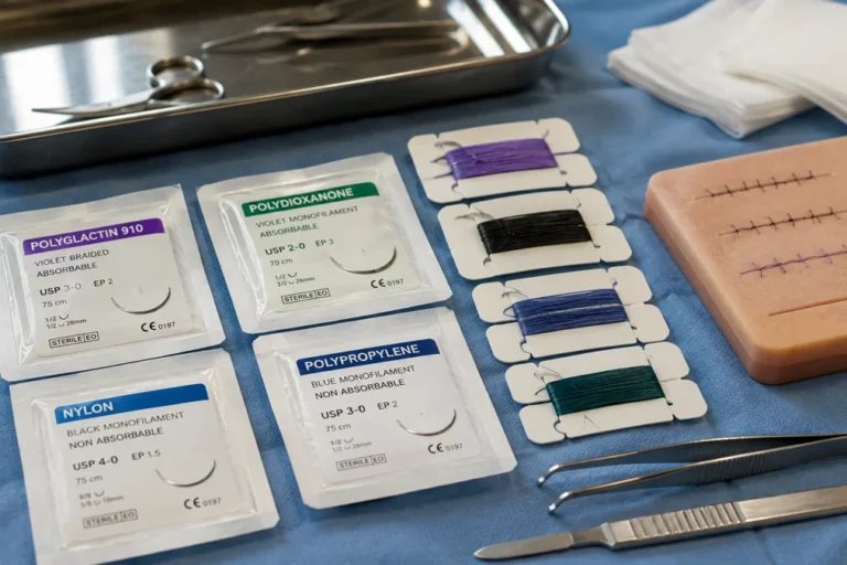 Différents fils de suture chirurgicaux résorbables et non résorbables avec aiguilles