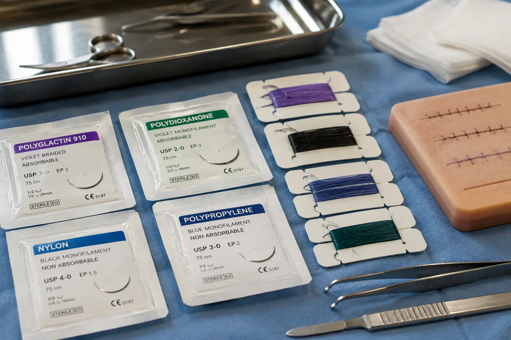 Différents fils de suture chirurgicaux résorbables et non résorbables avec aiguilles