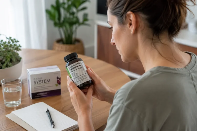 Femme vérifiant la composition et les ingrédients d’un flacon Indiva System avant d’utiliser ce complément alimentaire minceur