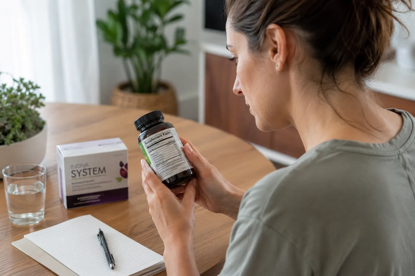 Femme vérifiant la composition et les ingrédients d’un flacon Indiva System avant d’utiliser ce complément alimentaire minceur