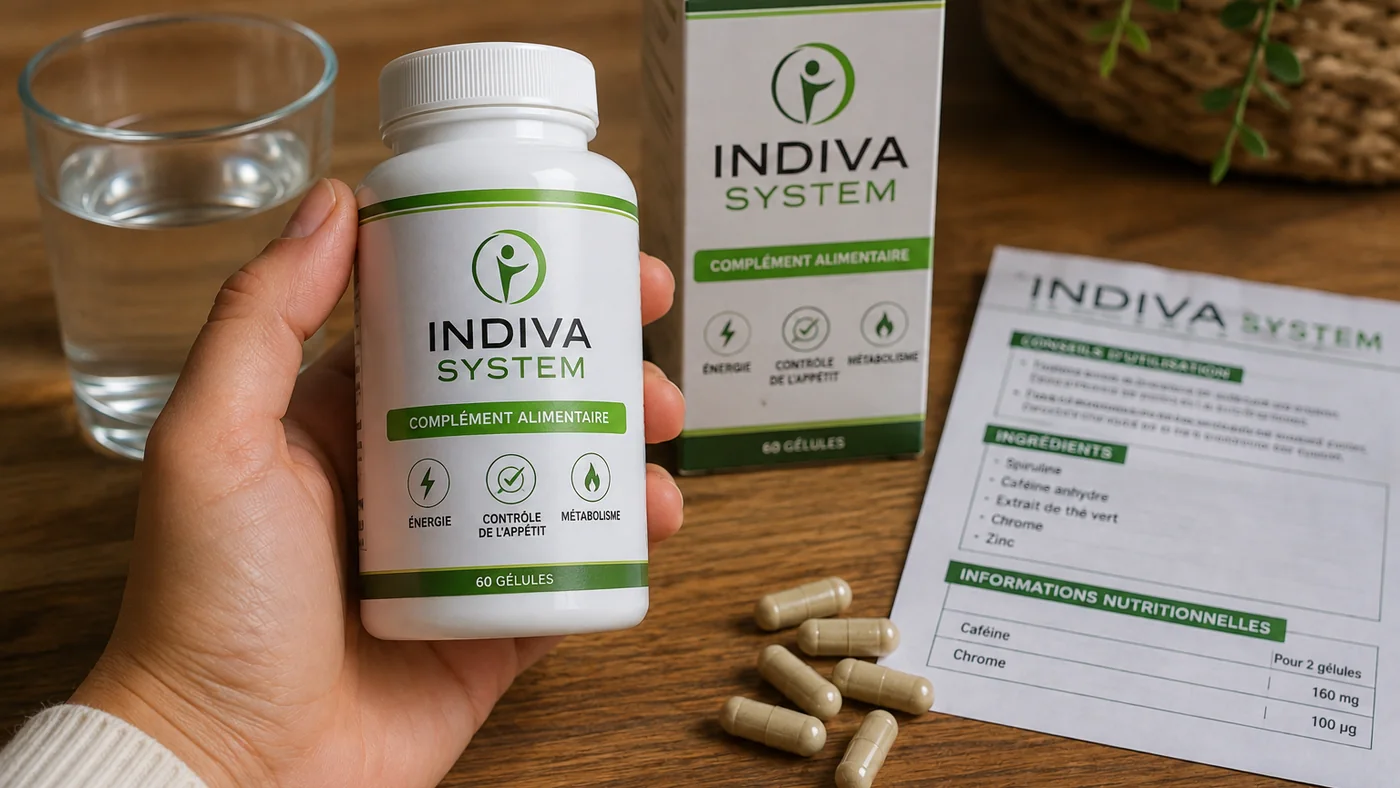 Personne examinant un flacon Indiva System et sa composition avant de prendre ce complément alimentaire minceur.