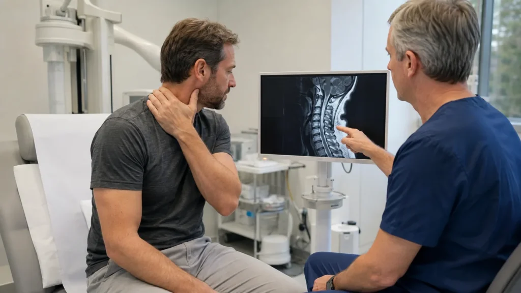 Patient échangeant avec un médecin devant une IRM cervicale pour discuter d’une infiltration cervicale C5 C6.