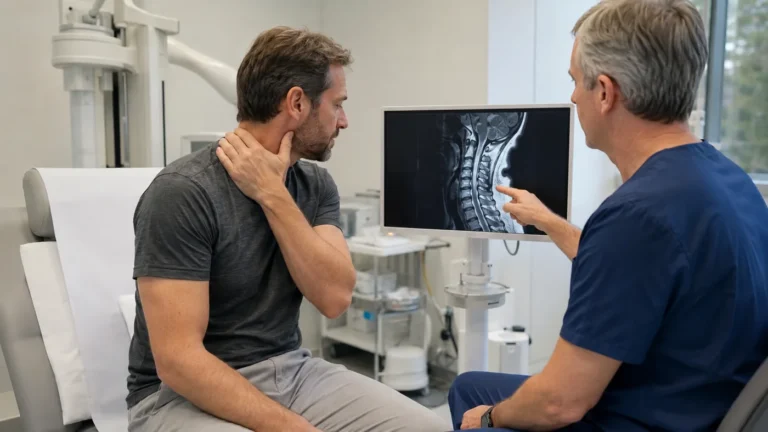 Patient échangeant avec un médecin devant une IRM cervicale pour discuter d’une infiltration cervicale C5 C6.