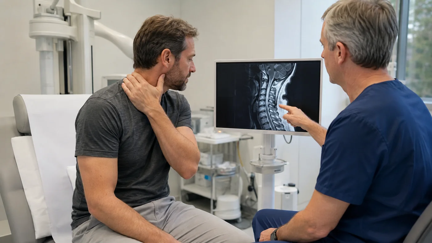 Patient échangeant avec un médecin devant une IRM cervicale pour discuter d’une infiltration cervicale C5 C6.