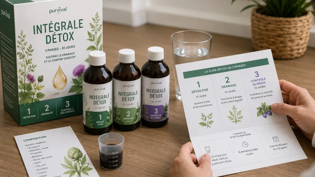 Personne consultant le programme Intégrale Détox Purvival en trois phases avec les flacons de la cure sur une table.