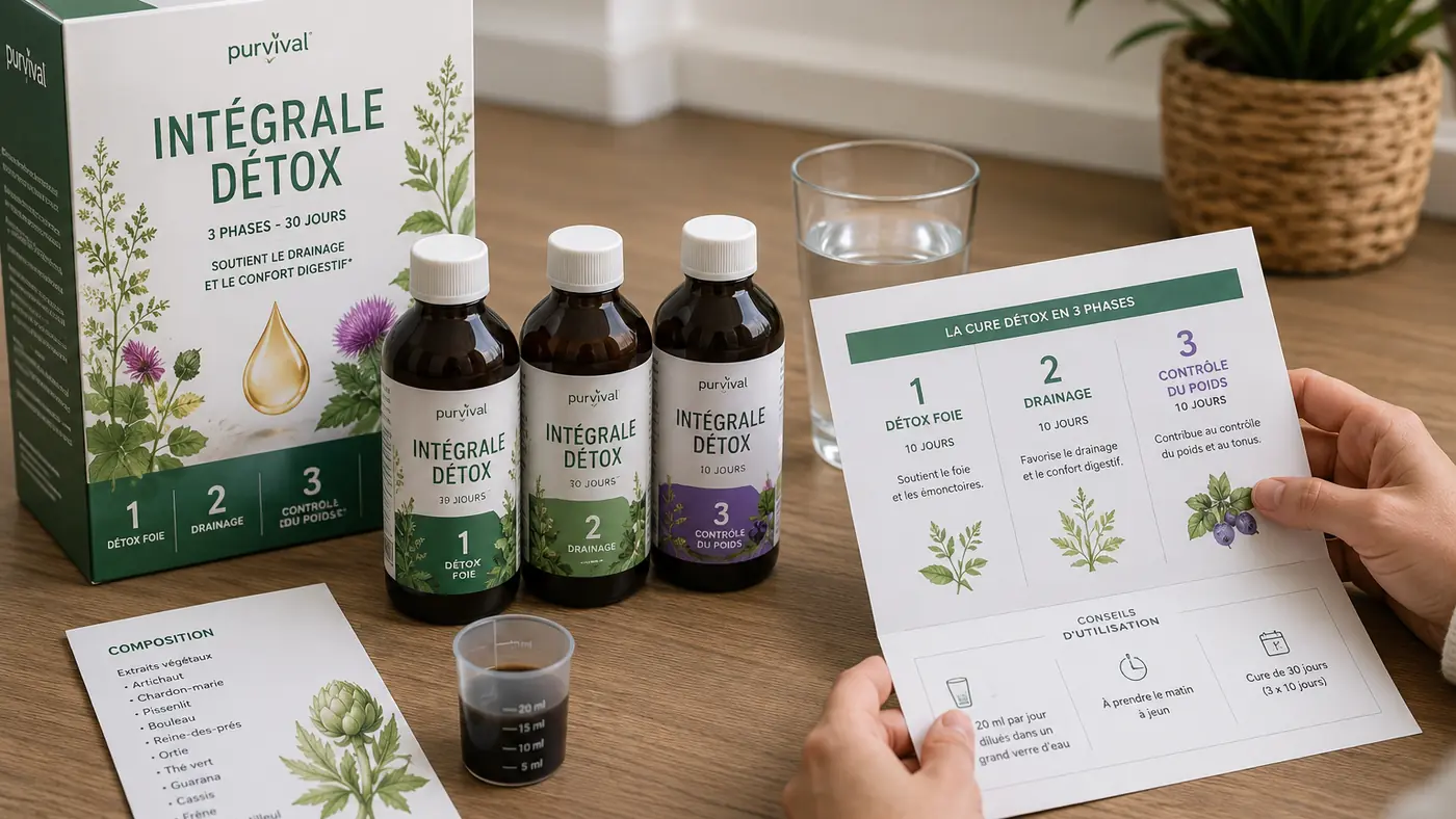 Personne consultant le programme Intégrale Détox Purvival en trois phases avec les flacons de la cure sur une table.