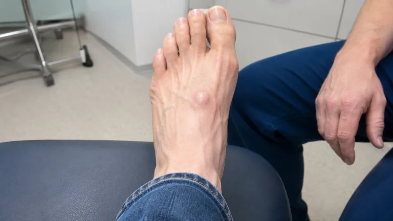 Examen clinique d’un kyste synovial visible sur le dessus du pied.