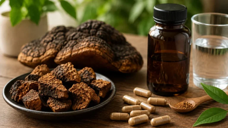 Complément alimentaire à base de Lignosus rhinocerus présenté avec des capsules, du champignon séché et un verre d’eau.
