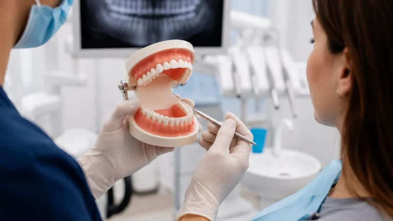 Dentiste expliquant à une patiente la dentition adulte à l’aide d’un modèle de mâchoire dans un cabinet dentaire.