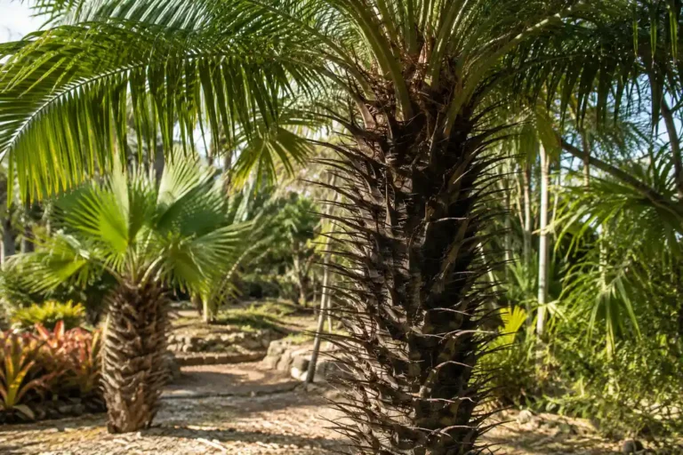Palmier épineux avec tronc couvert de longues épines dans un jardin tropical