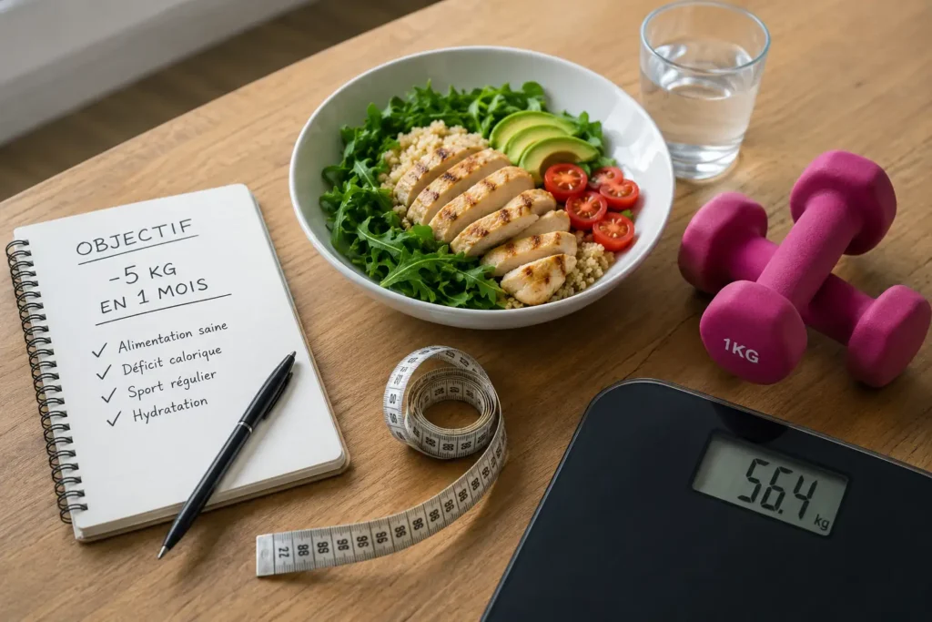 Repas équilibré, haltères et mètre ruban pour accompagner une perte de poids progressive