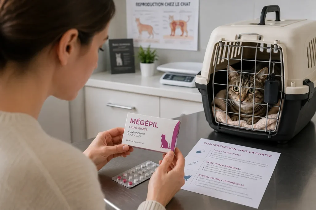 Propriétaire de chatte vérifiant une pilule contraceptive pour chat dans une clinique vétérinaire avant utilisation.