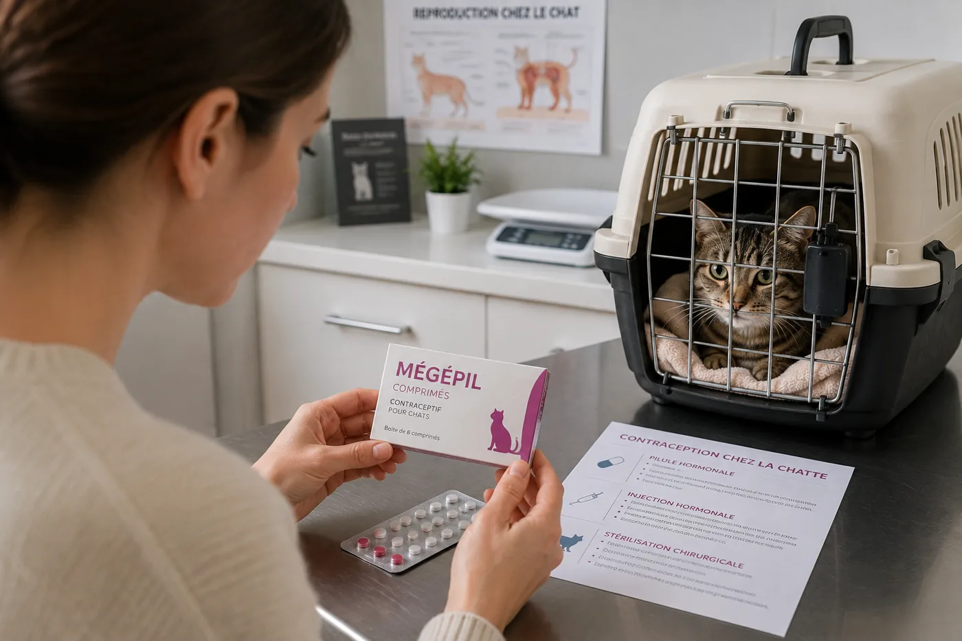 Propriétaire de chatte vérifiant une pilule contraceptive pour chat dans une clinique vétérinaire avant utilisation.