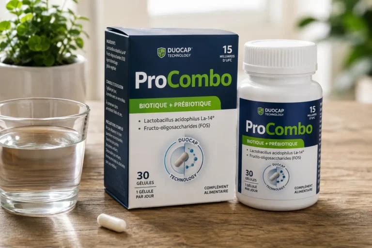 Complément ProCombo probiotique et prébiotique présenté avec une gélule et un verre d’eau