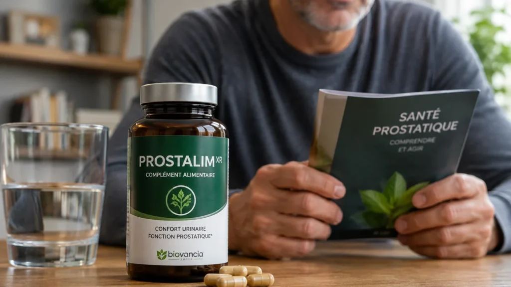 Homme consultant des informations sur Prostalim XR, complément alimentaire destiné au confort prostatique et urinaire.