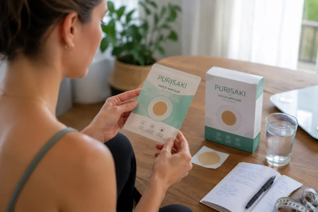 Femme examinant un patch minceur Purisaki et son emballage avant utilisation à domicile.