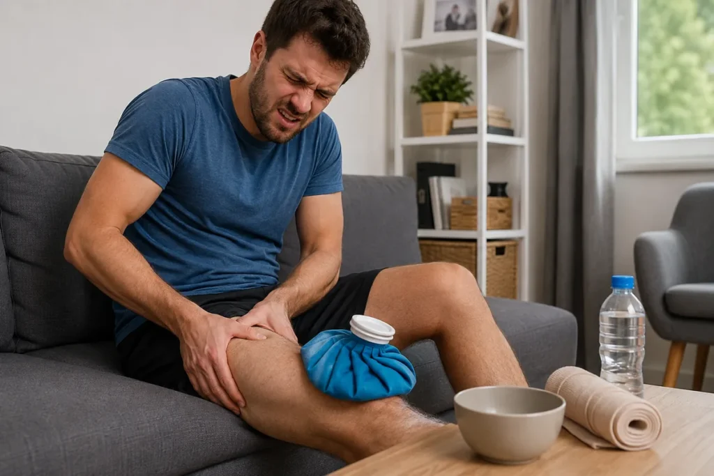 Homme appliquant une poche de glace sur une déchirure musculaire à la cuisse pour soulager la douleur