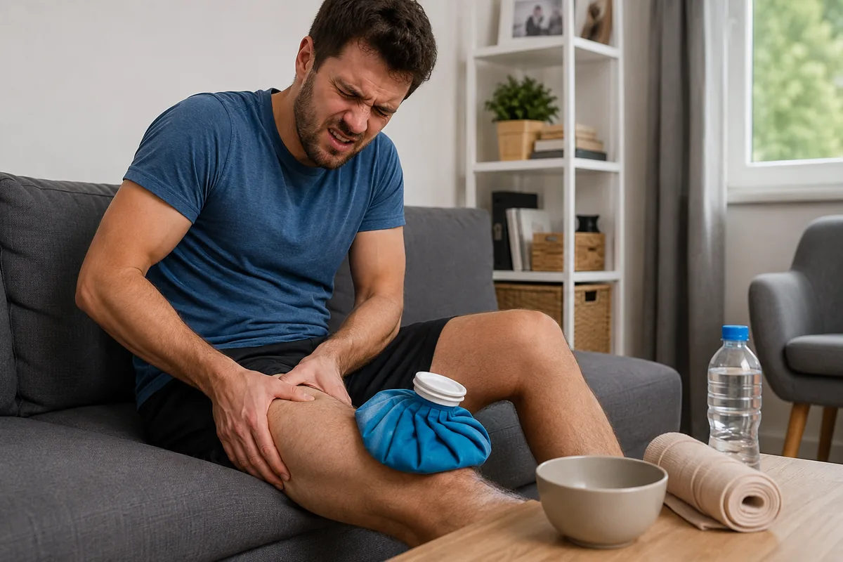 Homme appliquant une poche de glace sur une déchirure musculaire à la cuisse pour soulager la douleur