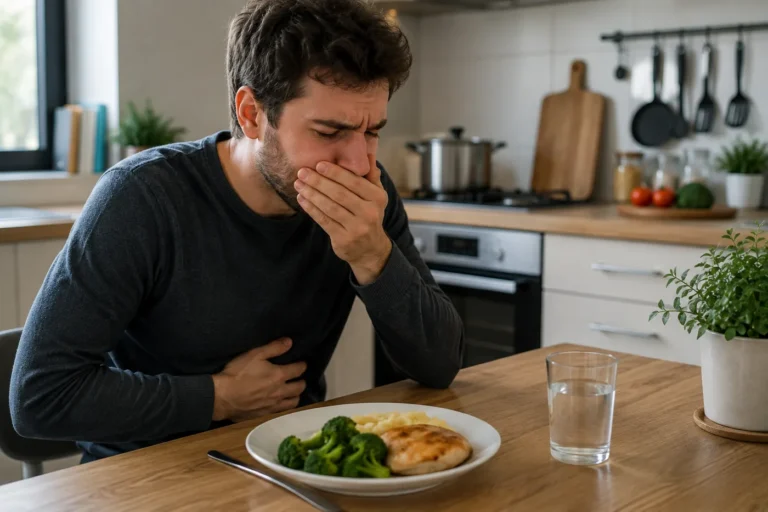 Homme souffrant de rots à l’odeur d’œuf pourri et d’inconfort digestif après un repas.