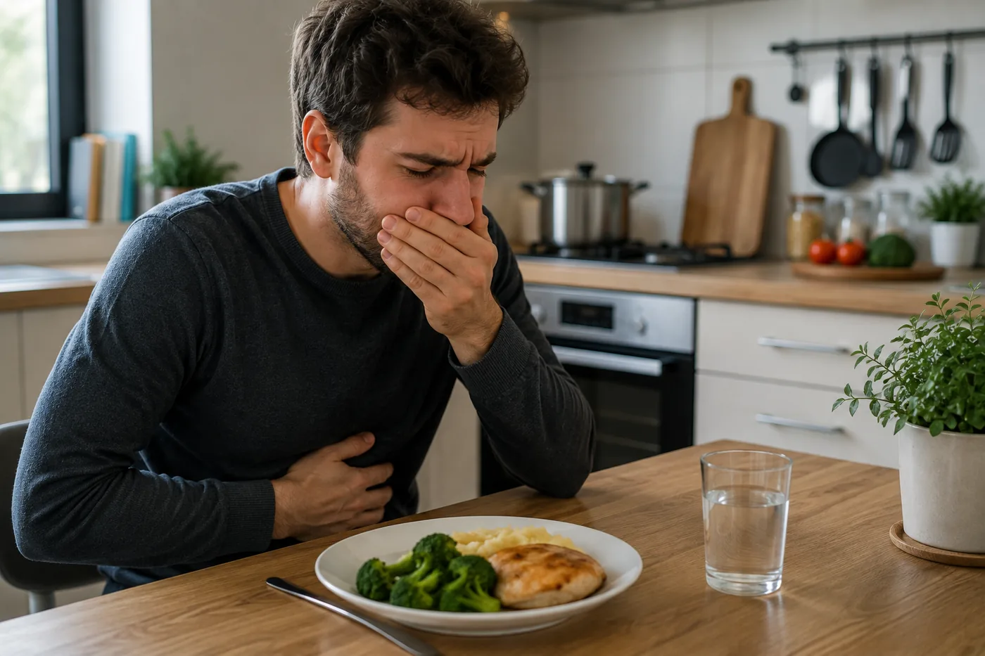 Homme souffrant de rots à l’odeur d’œuf pourri et d’inconfort digestif après un repas.