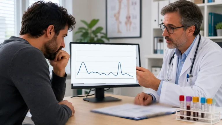 Médecin expliquant un pic monoclonal détecté à l’électrophorèse lors d’une consultation médicale.
