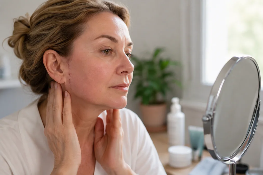 Femme observant son visage pendant la récupération après un lifting cervico-facial