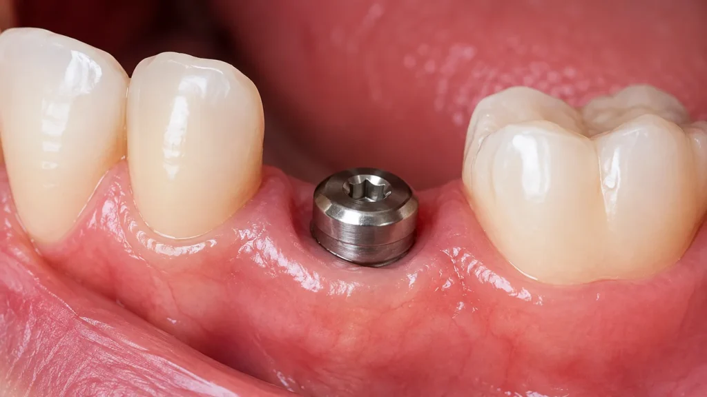 Gros plan sur une vis de cicatrisation implant dentaire positionnée dans la gencive entre deux dents.