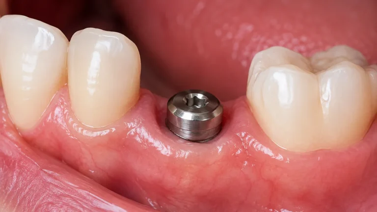Gros plan sur une vis de cicatrisation implant dentaire positionnée dans la gencive entre deux dents.